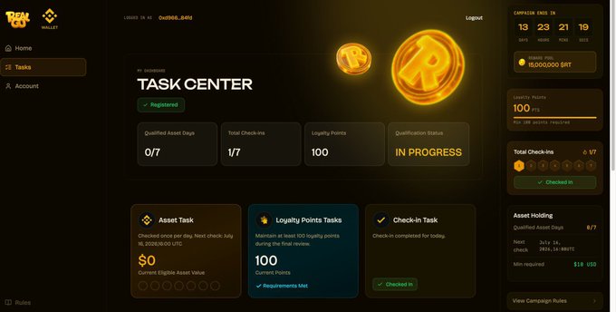 A BingX Wallet 'Task Center' dashboard for campaign BIDX...861G showing loyalty points (100), check-in progress, and asset tasks with a $15 minimum asset holding requirement.
