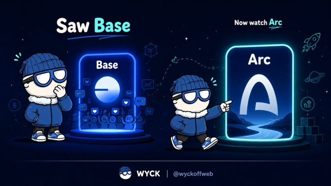 The image features a cartoon illustration of two boys, one wearing a blue jacket and glasses, pointing at a screen with the words "Base" and "Arc" displayed above them. The background of the image is dark blue, and there are other elements in the scene that include text related to cryptocurrency and social media platforms like Instagram and Twitter.