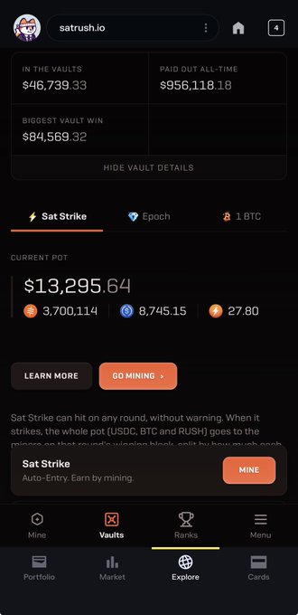 A screenshot of the satrush.io mobile website displaying vault balances ($46,739.33 in vaults, $956,118.18 paid out all-time) and a 'Sat Strike' mining section with a $13,295.64 current pot.