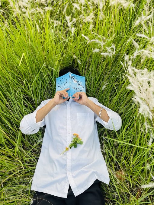 A person wearing a light blue shirt lies in tall green grass, holding a blue book titled 'IKIGAI' over their face while holding a small yellow flower.