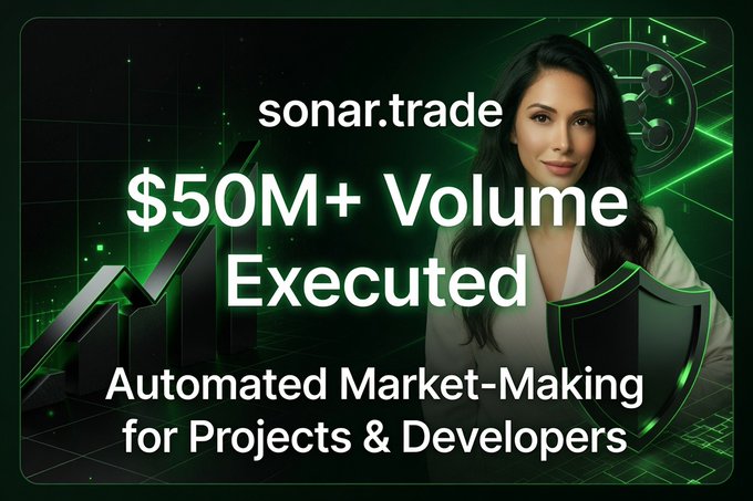 The image for Sonar.trade highlights over "$50M+ Volume Executed" and "Automated Market-Making for Projects & Developers," aligning with the post's message about their platform's capabilities.