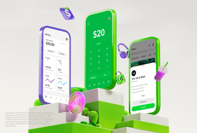 The image features three cell phones of different colors - green, purple, and white. The phones are displayed against a white background with text overlays that provide information about the mobile apps available for these devices. One app is named "@CashApp" and another one is called "That Dorsey & Templeton are scheming away on their very own phone". The image also includes a caption that reads, "Apparently @CashApp mobile is a super slick, high quality service People will love it!... And the old rumours will resurface again following this".