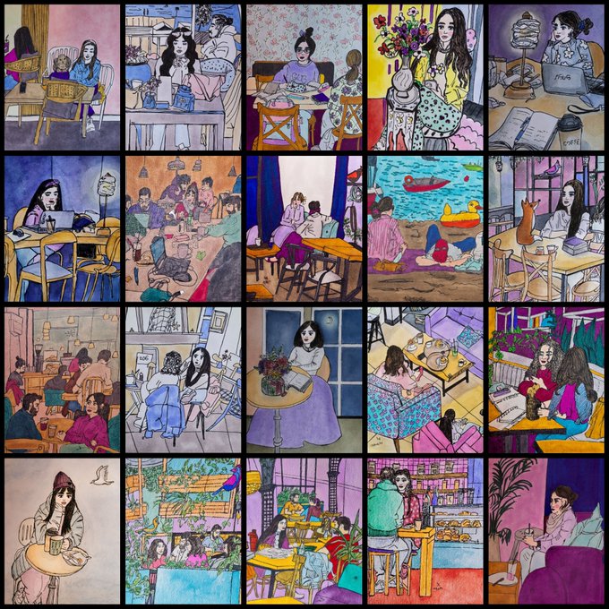 A grid of twenty colorful, hand-drawn illustrations depicting women engaged in various daily activities, such as working on laptops, reading, drinking coffee, and spending time in cafes and outdoor settings.