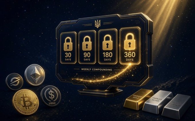 A promotional graphic displaying a 'WEEKLY COMPOUNDING' staking interface with lock periods of 30, 90, 180, and 360 days, surrounded by cryptocurrencies (BTC, ETH, SOL, USDC) and gold, silver, and copper bullion bars.
