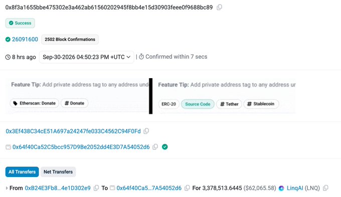 The image shows an Etherscan transaction receipt displaying a successful transaction with the TX hash 0x8f3a1655bbe475302e3a462ab61560202945f8bb4e15d30903feee0f9688bc89, 26091600 block confirmations, timestamped 8 hours ago (Sep-30-2026). The bottom of the image highlights the phishing transfer where the victim address 0xB24E3FB8...4e1D302e9 lost 3,378,513.6445 LinqAI (LNQ) tokens (~$62,065.58) to the scammer address 0x64f40Ca52C5bcc957D9Be2052dd4E3D7A54052d6 via a signed Permit2 signature.