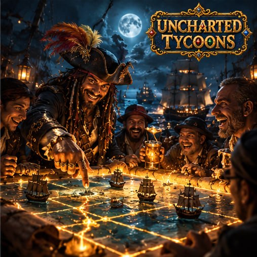 Promotional artwork for "Uncharted Tycoons" featuring pirates gathered around a glowing map with miniature ships, set under a moonlit sky with tall ships in the background.