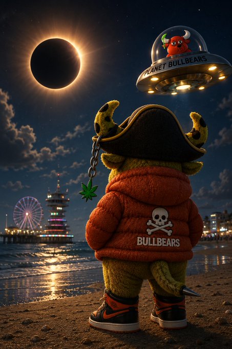 A digital artwork showing a yellow bull character from behind wearing an orange puffer jacket with a skull logo and 'BULLBEARS' text, standing on a beach watching a solar eclipse with a UFO labeled 'PLANET BULLBEARS' hovering above.
