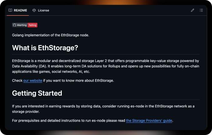 This image features a computer screen displaying text about ethstorage. The main focus of the text appears to be the Golang implementation of the EthStorage node, as well as its ability to enable fully on-chain applications such as games, social networks, and AI. The website also talks about obtaining started, providing instructions for getting started with storage in Ethereum.