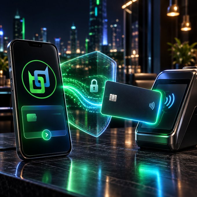 A digital illustration depicts a financial security concept, showing a smartphone with a green wallet app icon connected via glowing green data streams through a transparent shield to a contactless credit card being tapped on a payment terminal, set against a nighttime city skyline backdrop.