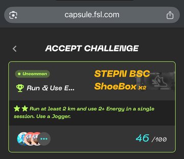 The image shows a STEPN app "Accept Challenge" screen displaying an "Uncommon" challenge titled "Run & Use E... STEPN BSC ShoeBox x2," which requires running at least 2 km and using 2+ Energy in a single session with a Jogger, showing a progress of 46/100. This relates to the post by showcasing a daily STEPN fitness challenge that motivates users to engage in running activities for rewards.