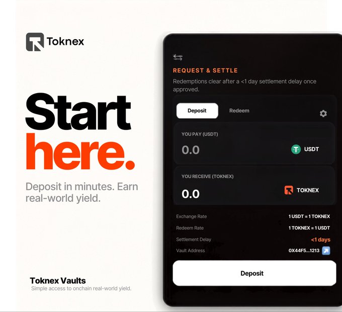 A promotional graphic for 'Toknex Vaults' reading 'Start here. Deposit in minutes. Earn real-world yield,' showing a mobile app interface for depositing USDT and receiving TOKNEX tokens.