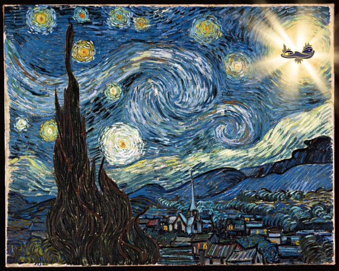 A digital edit of Vincent van Gogh's "The Starry Night" features a glowing yellow bird soaring through the swirling night sky, tying into the post's playful "Good night" message referencing the $BERT ticker.