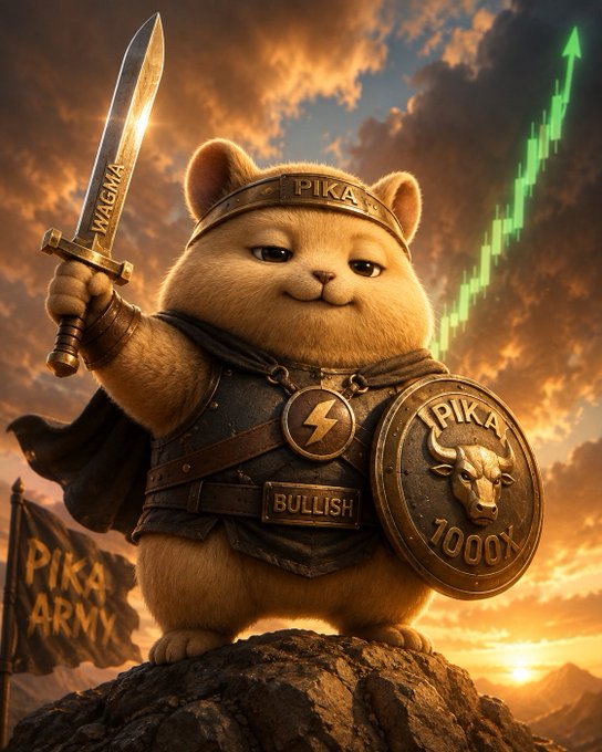 A 3D rendered image shows an adorable fluffy Pomeranian-like dog dressed as a warrior knight holding a 'WAGMA' sword and a 'PIKA 1000X' shield, with a green candlestick chart rising behind it and a 'PIKA ARMY' flag.