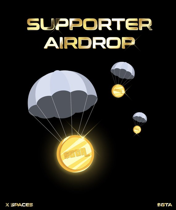 A promotional graphic reading 'SUPPORTER AIRDROP' showing gold '$GTA' coins descending on parachutes against a black background, branded with 'X SPACES' and '$GTA'.