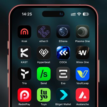 A smartphone home screen displays a row of crypto and fintech app icons including Krak, ether.fi, Ethena, Plasma One, KAST, Hyperbeat, COCA, Wirex One, Tria, Send, Exa, VaultLeap, RedotPay, Tuyo, Bitget Wallet, and Avalanche. The image visually represents the variety of onchain neobank and crypto card apps the post references, with the listed features (wider EUR support, local currency accounts) highlighting user-desired improvements to these platforms.