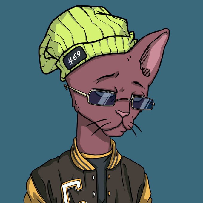 A digital illustration of a Sphynx cat wearing a green beanie labeled "#69" and small rectangular sunglasses, dressed in a varsity jacket. The image reflects the post's NFT drop aesthetic, serving as a stylish profile-style avatar (likely #6701) for the CET Solana-based NFT collection offering.