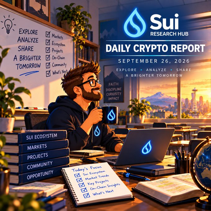 Digital illustration for Sui Research Hub's Daily Crypto Report dated September 26, 2026, featuring a bearded analyst at a desk with books labeled Sui Ecosystem, Markets, Projects, Community, and Opportunity, alongside the tagline 'Explore, Analyze, Share a Brighter Tomorrow.'