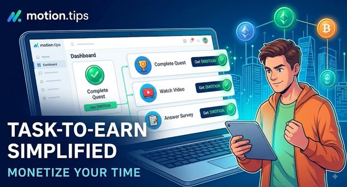 Promotional graphic for 'motion.tips' showing a dashboard interface with 'Complete Quest', 'Watch Video', and 'Answer Survey' tasks, alongside a cartoon character holding a tablet, with text 'TASK-TO-EARN SIMPLIFIED' and 'MONETIZE YOUR TIME'.