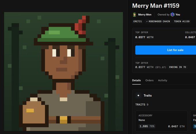 An NFT marketplace listing for 'Merry Man #1159' on ERC721, showing a pixel art character with a green Robin Hood hat and holding a mug, with a top offer of 0.0377 WETH.