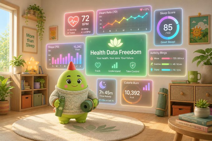 A cartoon green avocado-like character stands in a cozy room with a holographic health dashboard displaying 'Health Data Freedom,' heart rate of 72 BPM, sleep score 85/100, and various activity metrics.