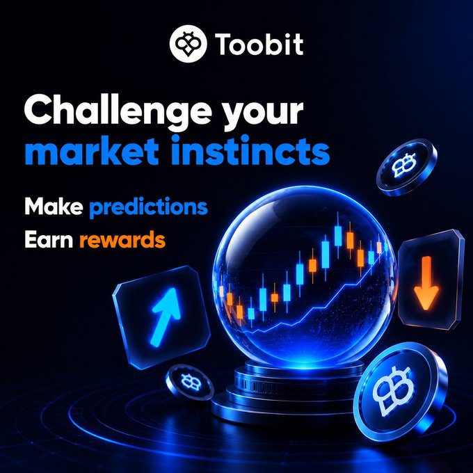 Toobit cryptocurrency advertisement encouraging users to 'Challenge your market instincts' by making predictions and earning rewards, featuring a crystal ball with trading charts.