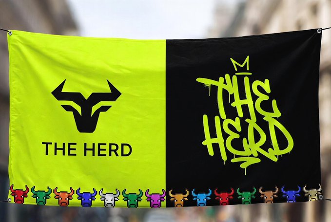 A bold split banner features "THE HERD" in clean black text alongside a stylized bull logo on a neon green background, paired with graffiti-style "THE HERD" lettering topped with a crown on black. A pixel-art border of colorful bull mascots runs along the bottom, reinforcing the crypto/NFT community vibe and "The Herd movement" referenced in the post's mint countdown hype.