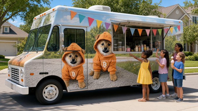 An AI-generated image showing a food truck decorated with Doge Shiba Inu dogs wearing Bitcoin-branded orange hoodies, with children gathered around ordering food.