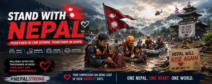 A charity banner reading 'STAND WITH NEPAL' and '#NEPALSTRONG' showing rescuers helping flood victims, with messages 'NEPAL WILL RISE AGAIN' and 'WE CARE BECAUSE WE HELP.'
