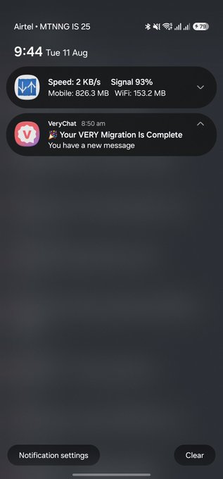 An Android notification screenshot dated Tue 11 Aug, showing data usage stats (Speed: 2 KB/s, Mobile: 826.3 MB, WiFi: 153.2 MB) and a notification from VeryChat saying 'Your VERY Migration Is Complete'.