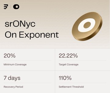 An Exponent protocol card for “srONyc” lists 20% minimum coverage, 22.22% target coverage, a 7 days recovery period, and a 110% settlement threshold.