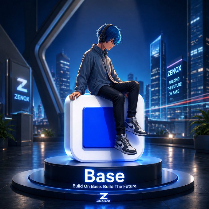 A blue-haired anime-style character wearing headphones sits atop a glowing blue "Base" platform in a futuristic cityscape, with "ZENOX — BUILDING THE FUTURE ON BASE" displayed on a nearby billboard. The image visually reinforces the post's message about steady, forward progress on Base, positioning Zenox as an active builder shaping the onchain future.