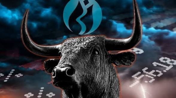 A dramatic image of a black bull's head with large horns against a stormy sky background, overlaid with a teal flame logo and digital numbers.