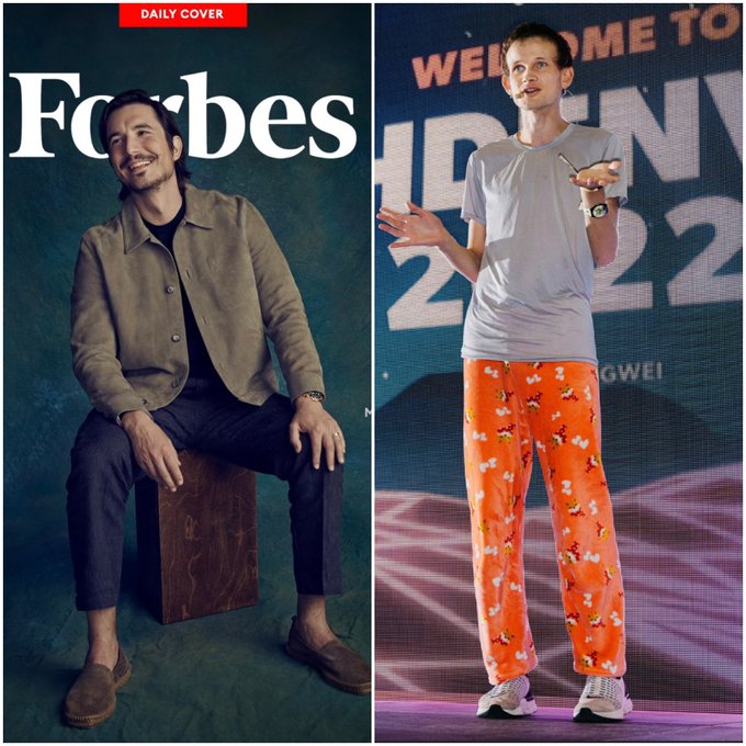 The image is a side-by-side comparison showing a Forbes magazine cover on the left featuring a man in a tan jacket seated on a wooden box, and on the right a younger version of the same man giving a presentation wearing orange patterned pants and a gray t-shirt, with partial text reading "WELCOME TO" and "22" visible behind him.

The accompanying post references "$WOJAK" trading on RH (Robinhood) and ETH (Ethereum), suggesting this is a meme comparing the dramatic "before and after" transformation of the man (likely a founder/executive) to the volatile price movement of the $WOJAK token across different platforms.