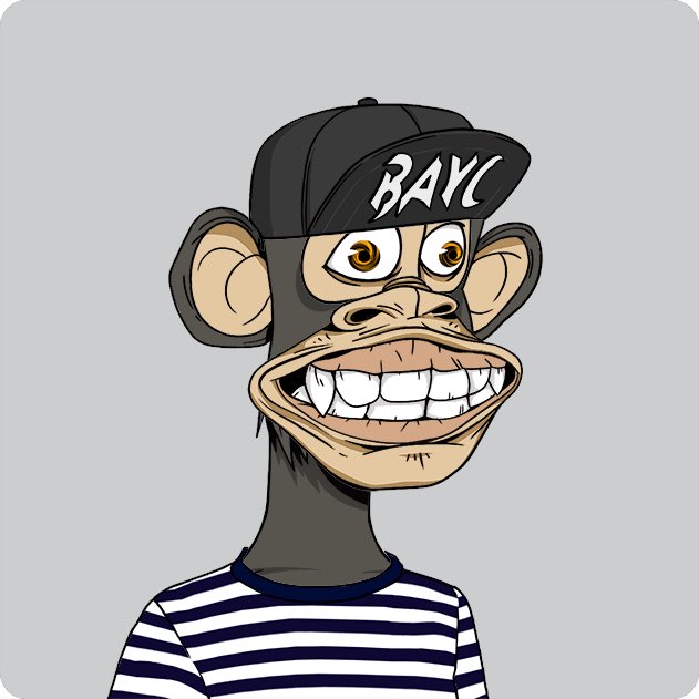 A cartoon illustration of a monkey character wearing a black 'BAYC' (Bored Ape Yacht Club) cap and a striped shirt, grinning widely.