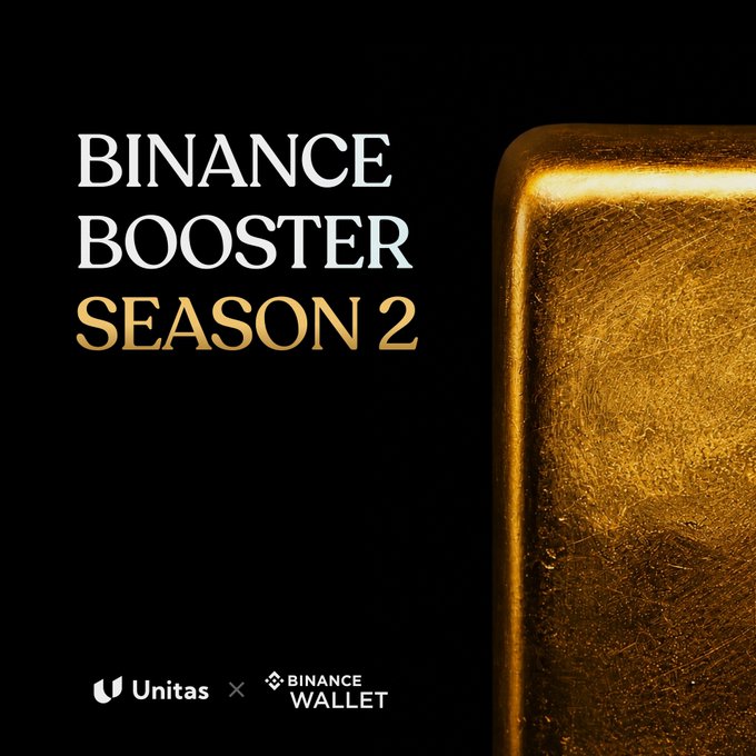 A sleek black promotional graphic features a close-up of a gold bar on the right side, with bold white and gold text reading "BINANCE BOOSTER SEASON 2" on the left, alongside Unitas and Binance Wallet logos at the bottom. The gold bar imagery visually reinforces the post's announcement about depositing XAUt (tokenized gold) to earn XGLD yield and $UP incentives on BNB Chain.