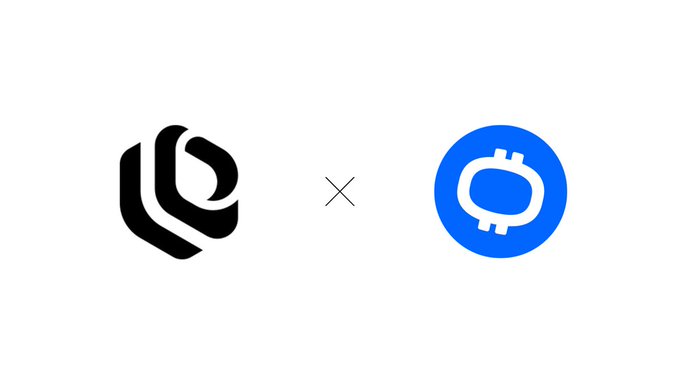 A collaboration graphic featuring a black logo and a blue circular Bitcoin-style logo with a "×" between them, representing a partnership between LiquidiumFi (a DeFi lending protocol on ICP) and Bitcoin, as highlighted in the accompanying post.