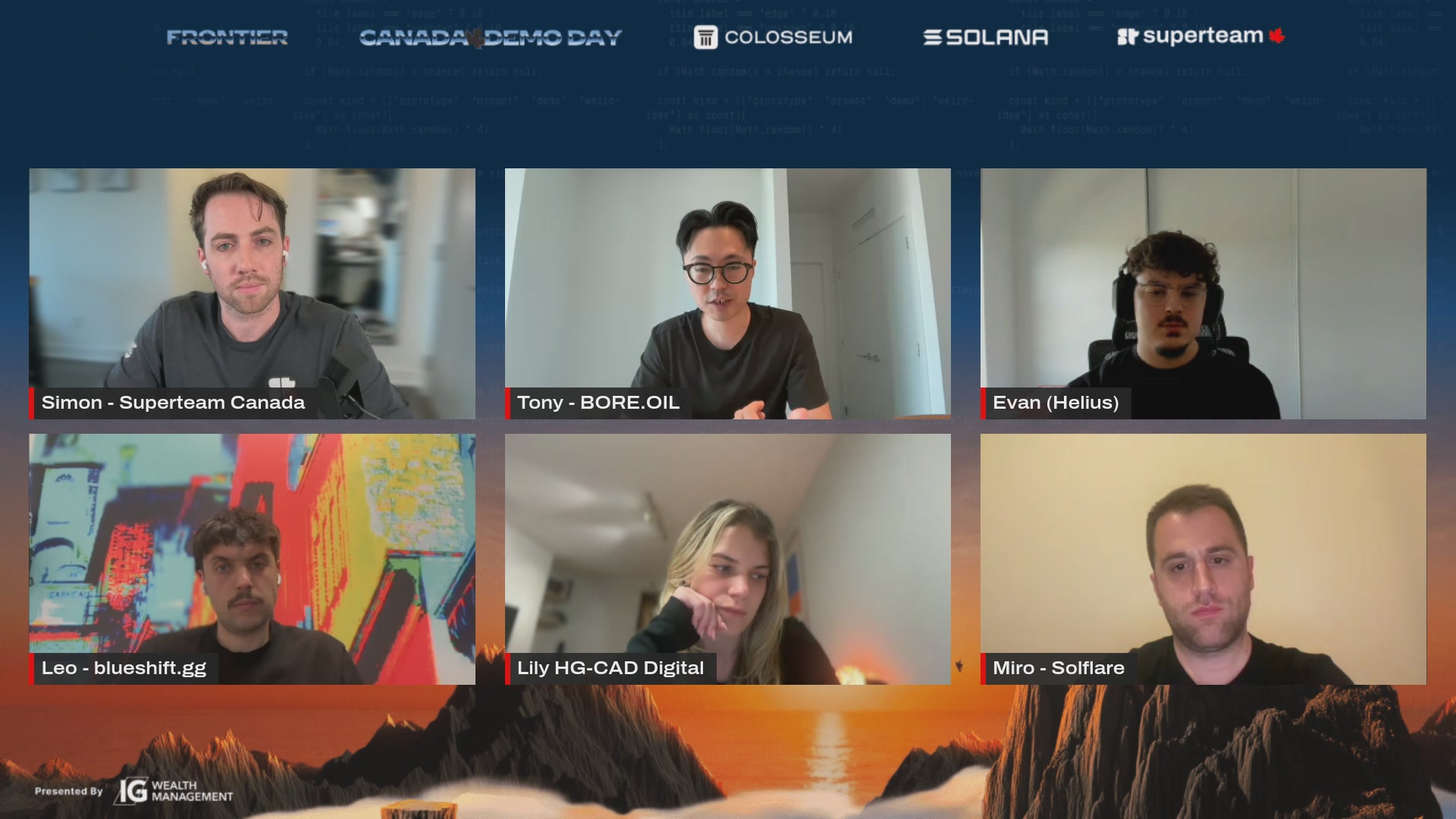 The image shows a group of six people sitting at their computers, with each person's face clearly visible on the screen. They are all participating in a live online meeting or event, possibly for Canadian Demo Day. The text "Canadian Demo Day is live on @solanaEvents showcasing the top 10 teams from the @colosseum Canadian track" suggests that this gathering might be related to a competition or showcase of the best teams from various universities across Canada.