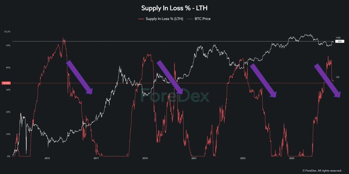 A dark-themed chart titled 'Supply In Loss % - LTH' tracking Bitcoin's supply in loss for long-term holders (red line) against BTC price (white line) from 2011 to 2025, with purple arrows highlighting periodic downward trends in loss percentages around market cycle bottoms, branded by MoreDeX and sourced from ForDeX.