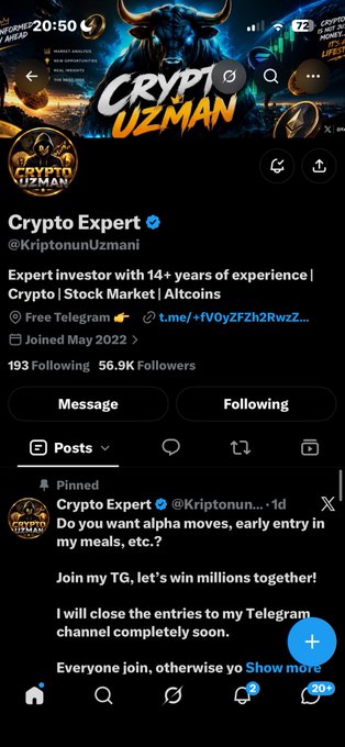 A Twitter/X profile page for 'Crypto Expert' (@KriptonunUzmani), described as an investor with 14+ years of experience in Crypto/Stock Market/Altcoins, offering a free Telegram channel.