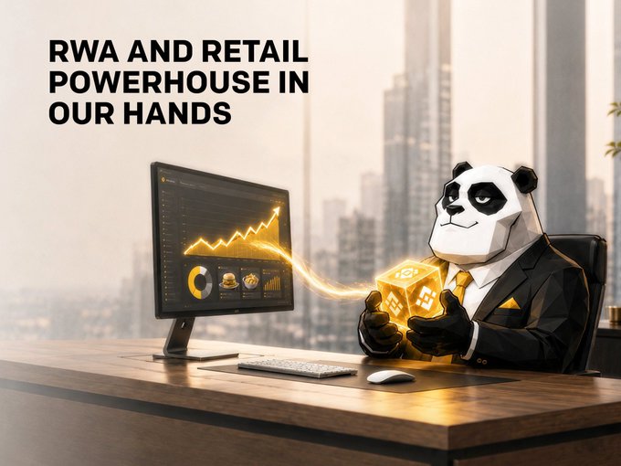 An illustration of a panda wearing a business suit holding glowing golden dice at a desk with a computer monitor displaying a rising stock chart, with the text 'RWA AND RETAIL POWERHOUSE IN OUR HANDS' in the upper left.