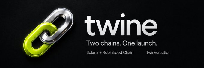 A promotional banner for "twine" features two interlinked metallic chain links—one chrome and one neon green—on a black background, with the tagline "Two chains. One launch. Solana + Robinhood Chain" and the website "twine.auction." The interlocking links visually reinforce the project's dual-chain concept of launching a single token simultaneously on both Solana and Robinhood Chain, as described in the post.
