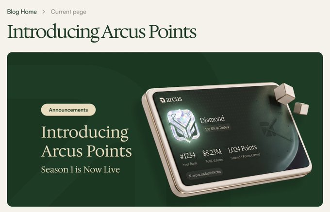 A promotional banner announcing the launch of "Arcus Points" Season 1, featuring a digital dashboard card displaying a user's Diamond rank at #1234 with $8.23M total volume and 1,024 points earned, shared alongside a list of invite codes for the @arcus_xyz platform.