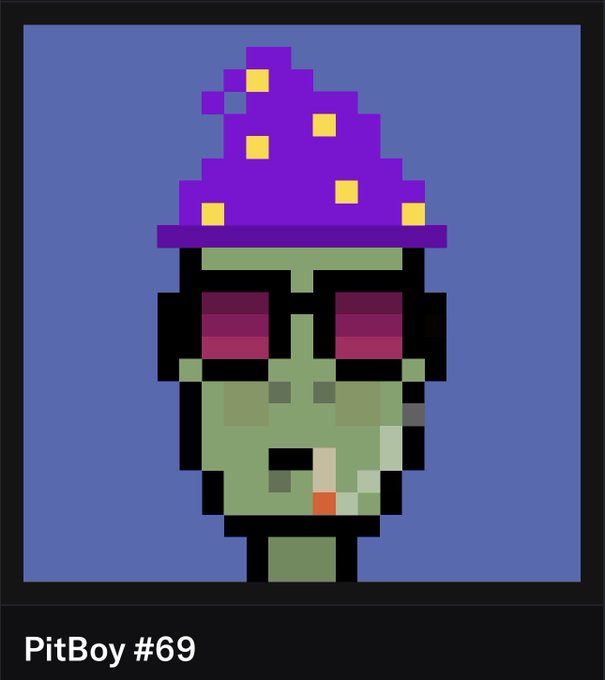 Pixel art of a green-skinned character with purple sunglasses and a purple wizard hat with yellow stars, labeled 'PitBoy #69' at the bottom.