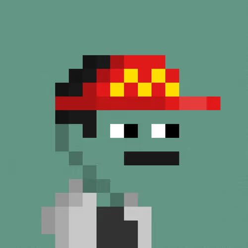 A pixel art character portrait shows a figure wearing a red and yellow baseball cap, glasses with white frames, and what appears to be a teal hoodie against a solid green background.