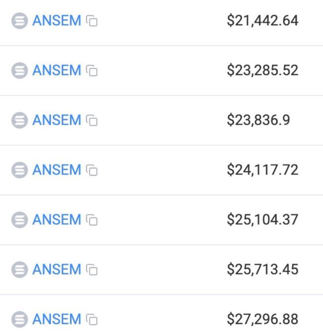 A screenshot showing multiple ANSEM token holdings ranging from $21,442.64 to $27,296.88, appearing as evidence in support of a promotional post asking users if they received the $ANSEM airdrop and inviting them to share their Solana addresses in a Telegram group.