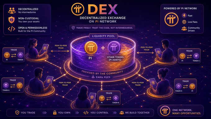 A promotional infographic for a Decentralized Exchange (DEX) on Pi Network, highlighting features like 'Decentralized, No intermediaries,' 'Non-custodial,' and 'Open & permissionless,' with a central liquidity pool for peer-to-peer trading of Pi and other tokens.