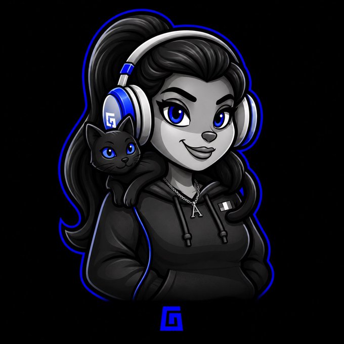 A stylized cartoon illustration features a black-haired female character wearing blue and white gaming headphones, a black hoodie, and a chain necklace, with a small black cat perched on her shoulder, alongside a blue "G" logo at the bottom—matching the "GM" branding and community-focused theme of the post about @betty_nft and @TheGodPull.