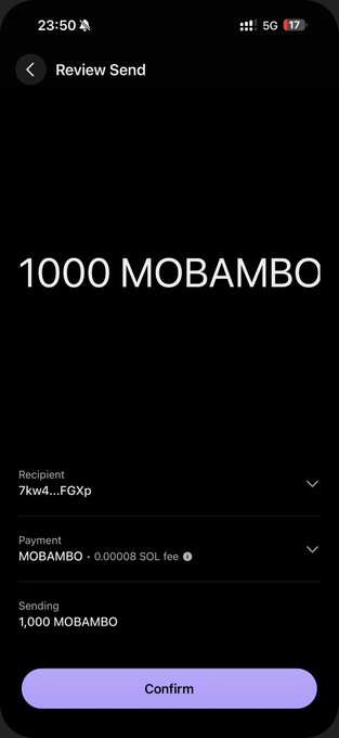 A crypto wallet "Review Send" screen displays a transaction of 1000 MOBAMBO tokens (≈0.00008 SOL fee) being sent to the address 7kw4...FGXp, with a Confirm button at the bottom. The image directly corresponds to the post, showing the tip wallet address where the user is requesting a blessing.