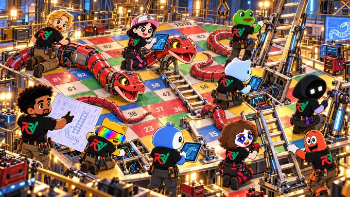 An illustration depicts various cartoon characters, some wearing 'R' logos, climbing ladders and working on a giant snakes and ladders board with a red snake winding through numbered squares.