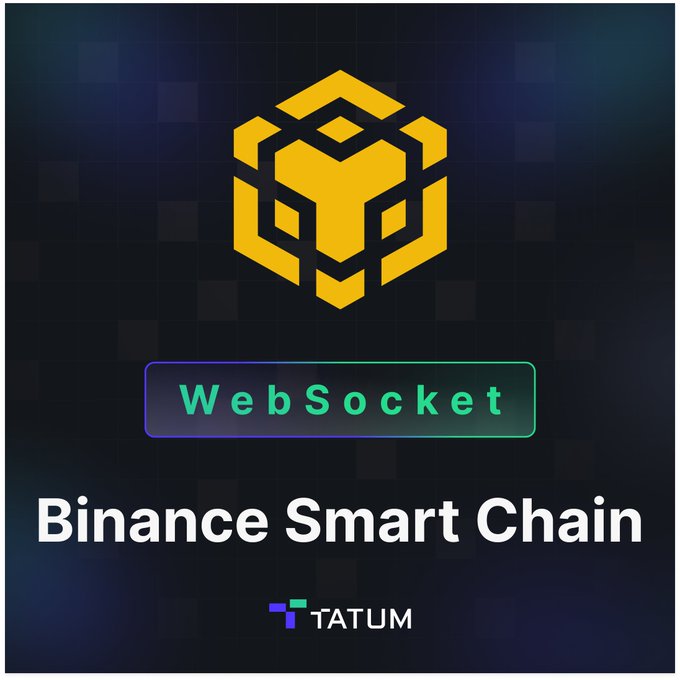 A Tatum platform graphic featuring a BNB (Binance Coin) logo in yellow/gold with 'WebSocket' text and 'Binance Smart Chain' labeled below on a dark background.